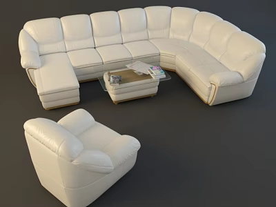 White Leather L Shaped Sofa and Glass Top Coffee Table Set in Modern Living Room 3d model