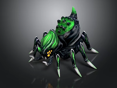 Fantasy Spider Creature With Green Accents Black Body Spiked Back And Glowing Eyes 3d model