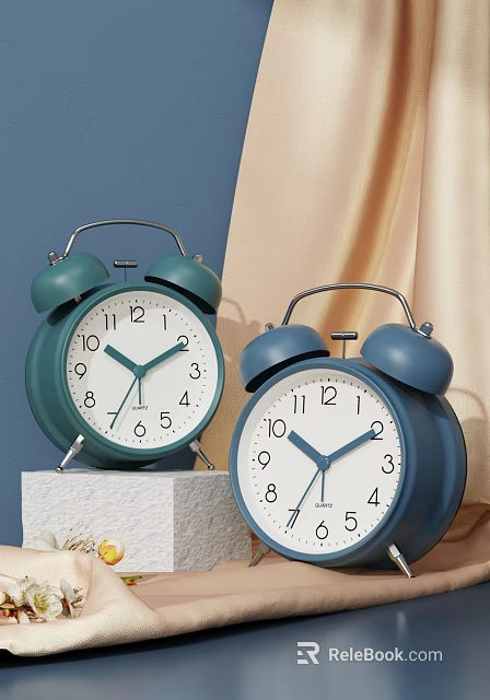 Vintage Green Blue Alarm Clocks With White Dials Black Numbers Bell Design On Stone Platform 3d model 