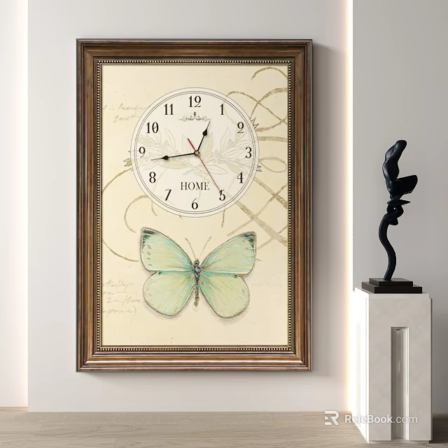 Wall Mounted Clock With Golden Frame HOME Text And Butterfly Design 3d model