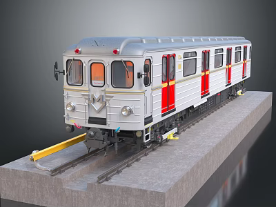 Silver Model Train With Red Doors Yellow Front Details On Tracks And Concrete Platform 3d model