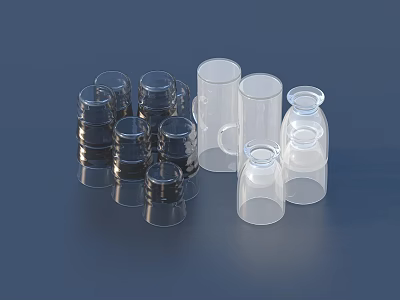 Transparent And Black Glassware Set With Various Shapes Sizes On Blue Background 3d model