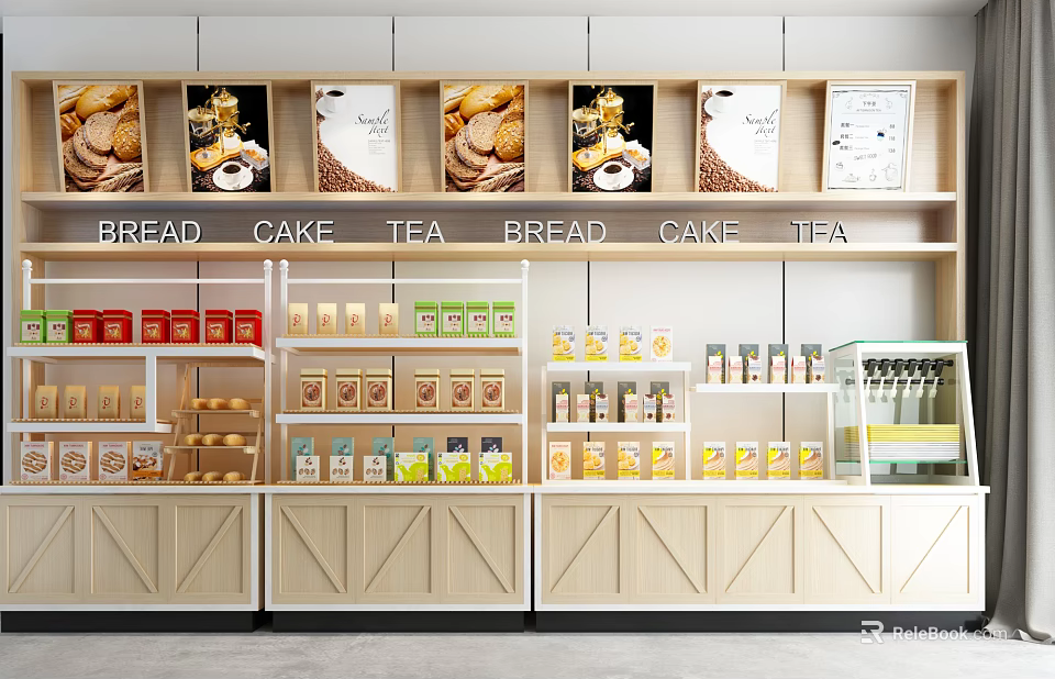Wooden Display Shelves with Bread Cakes Tea and Packaged Foods in Retail Store 3d model 