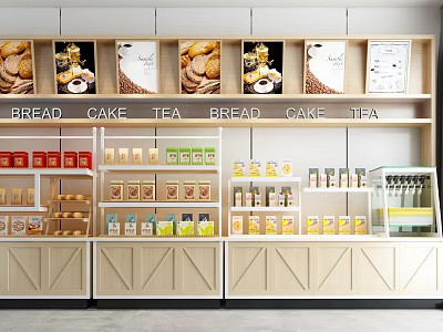 Wooden Display Shelves with Bread Cakes Tea and Packaged Foods in Retail Store 3d model