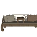 Traditional Chinese Daybed with Wooden Frame and Soft Cushions and Small Coffee Table