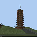 Traditional Multi tiered Tower With Golden Spire On Green Hillside And Pavilion Under Blue Sky