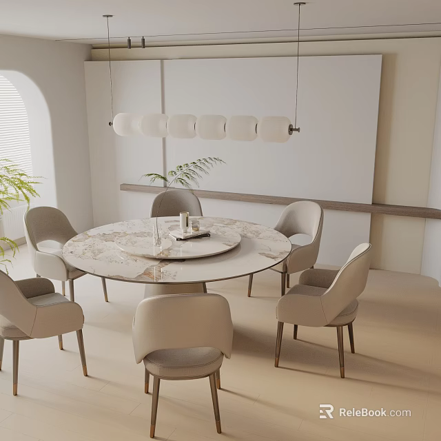 Modern Round Dining Table Set With Marble Top And Light Grey Chairs 3d model