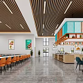 Modern Restaurant Interior With Open Layout Wooden Counter And Green Plants Decoration