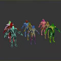 Game and Movie Characters in Various Colorful Costumes with Dynamic Poses and Grey Background Reflections