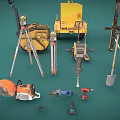 Yellow Heavy Duty Construction Equipment Including Concrete Mixers Wheelbarrows And Road Lights