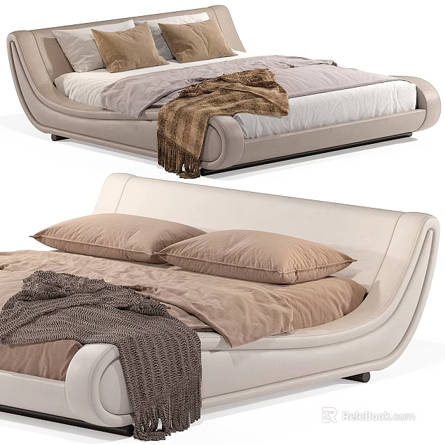Modern Double Bed With Curved Headboard And Neutral Bedding Throw Blanket 3d model 