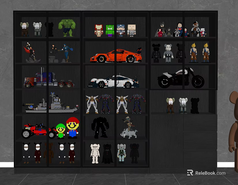 Black Decorative Cabinet Showcasing Toy Models Action Figures And Vehicle Models 3d model 