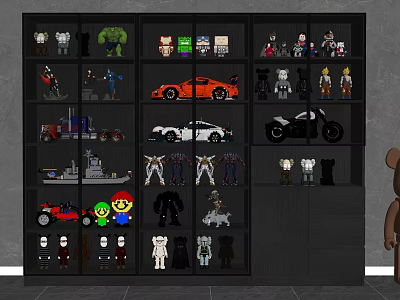 Black Decorative Cabinet Showcasing Toy Models Action Figures And Vehicle Models 3d model