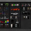 Black Decorative Cabinet Showcasing Toy Models Action Figures And Vehicle Models