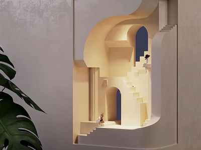 Modern Curved Wall Light Illuminating Staircase With Archway And Green Plant 3d model