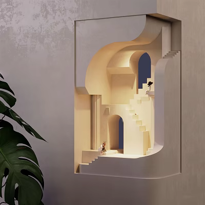 Modern Curved Wall Light Illuminating Staircase With Archway And Green Plant 3d model