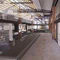 Modern Front Desk Reception Area With Glass Facade Brick Wall And Wooden Roof Structure