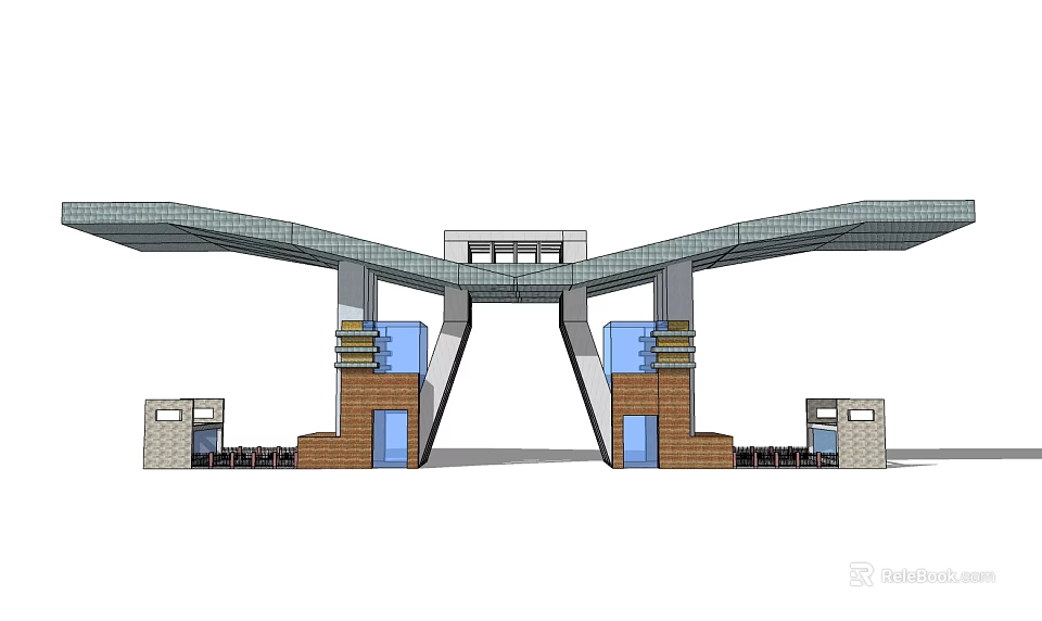 Modern Entrance Gate Design With Curved Roof Glass Panels And Stone Pillars Symmetric Side Structures 3d model 