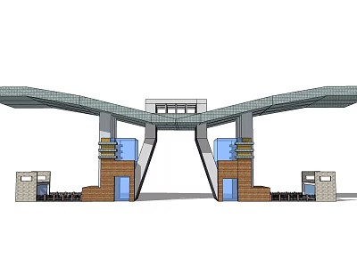 Modern Entrance Gate Design With Curved Roof Glass Panels And Stone Pillars Symmetric Side Structures 3d model