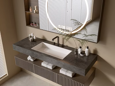 Modern Bathroom Vanity With Stone Countertop Sink Faucet Lighted Mirror And Folded Towels 3d model
