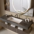 Modern Bathroom Vanity With Stone Countertop Sink Faucet Lighted Mirror And Folded Towels