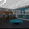 Blue Themed Restaurant Interior With Wavy Ceiling Round Windows And Blue Bar Counter
