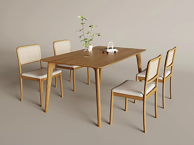 Minimalist Wooden Dining Table And Chairs Set With Woven Back And Green Plant 3d model