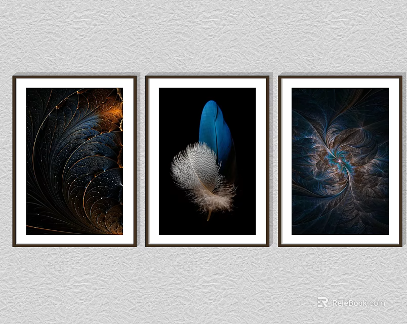 Three Framed Wall Art with Feather and Abstract Patterns on Dark Backgrounds for Home Decor 3d model 