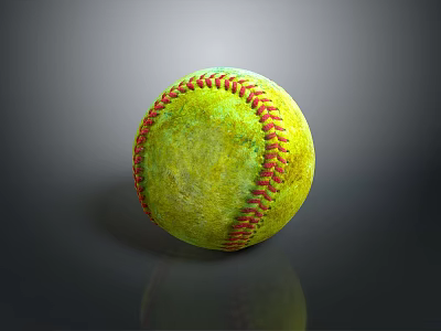 Worn Green Vintage Baseball With Red Stitching On Dark Reflective Surface 3d model