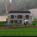 Rustic White Homestay Building With Black Roof And Stone Pathway In Wooded Surroundings