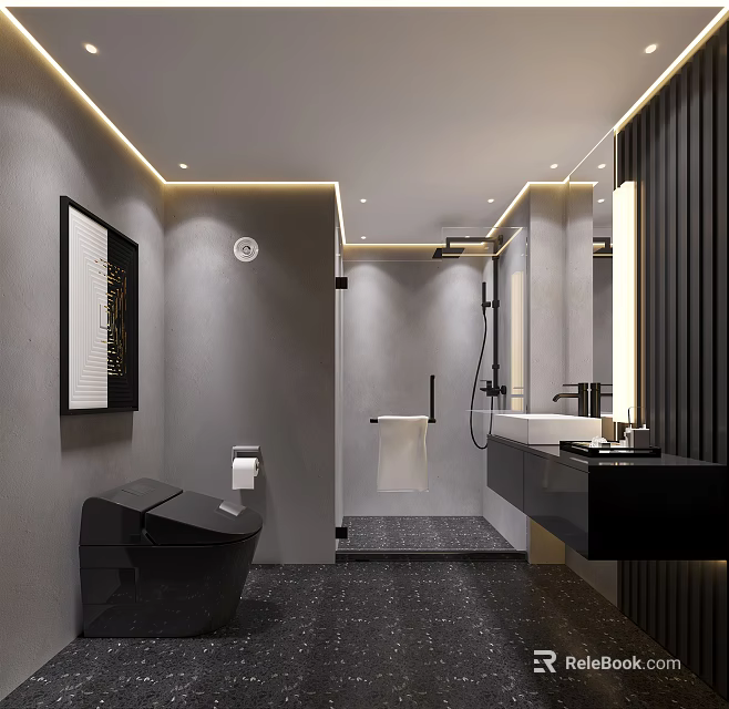 Modern Minimalist Grey Bathroom With Smart Toilet Black Vanity And Hidden Warm Ambient Lighting Design 3d model 