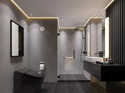 Modern Minimalist Grey Bathroom With Smart Toilet Black Vanity And Hidden Warm Ambient Lighting Design 3d model