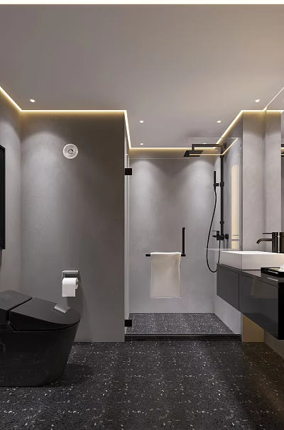 Modern Minimalist Grey Bathroom With Smart Toilet Black Vanity And Hidden Warm Ambient Lighting Design 3d model