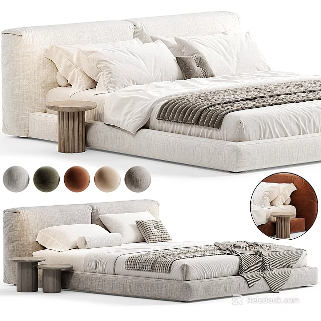Modern Upholstered Double Bed With White Bedding Side Table And Color Options 3d model 
