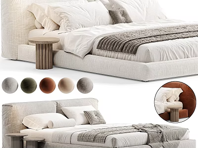 Modern Upholstered Double Bed With White Bedding Side Table And Color Options 3d model