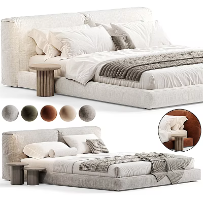 Modern Upholstered Double Bed With White Bedding Side Table And Color Options 3d model