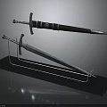 Two Decorative Swords On Display Stand With Metal Blades And Black Hilts
