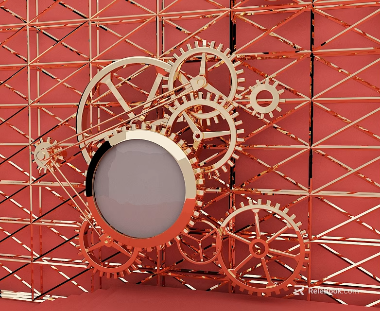 Swing Door Design With Round White Panel And Golden Gears On Red Grid Background 3d model 