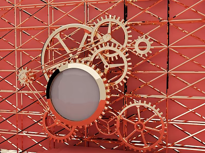 Swing Door Design With Round White Panel And Golden Gears On Red Grid Background 3d model