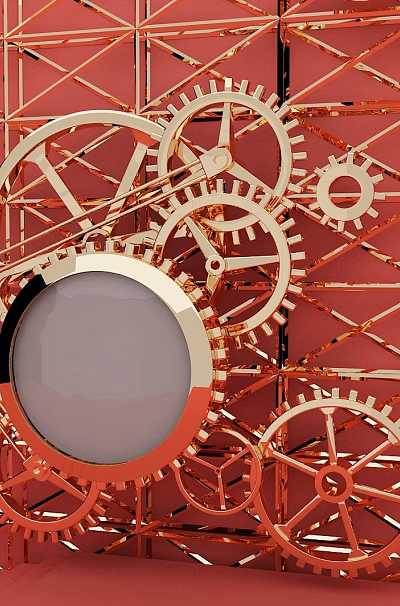 Swing Door Design With Round White Panel And Golden Gears On Red Grid Background 3d model