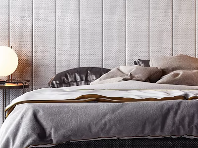 Double Bed with Upholstered Background Wall Design Plush Pillows and Nightstand Lamp 3d model