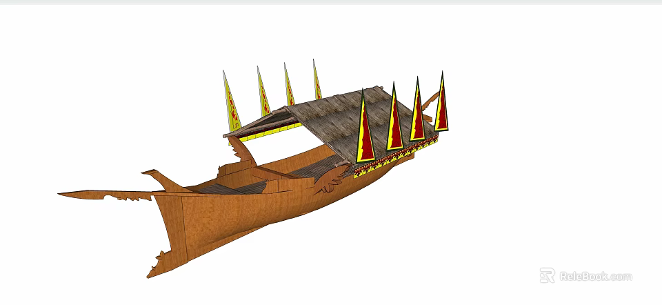 Traditional Wooden Boat With Thatched Roof And Red Yellow Pointed Flags 3d model 