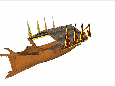Traditional Wooden Boat With Thatched Roof And Red Yellow Pointed Flags 3d model