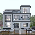 Modern Two Story Detached Villa with Large Windows Balcony and Courtyard Greenery