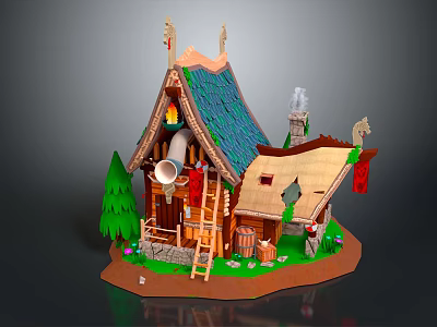 Cartoon Scene of Whimsical Cottage with Blue Thatched Roof Wooden Ladder Green Trees and Stone Chimney 3d model
