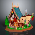 Cartoon Scene of Whimsical Cottage with Blue Thatched Roof Wooden Ladder Green Trees and Stone Chimney