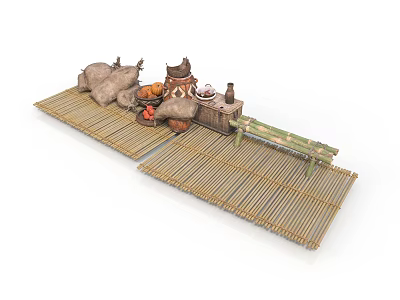 Traditional Bamboo Platform With Clay Pots Sacks And Rustic Decor Items 3d model