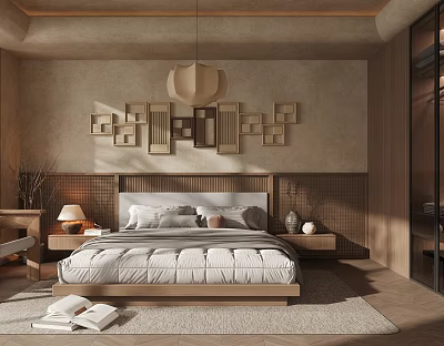 Cozy Modern Bedroom Interior with Wooden Headboard Decorative Wall Panels Pendant Light and Area Rug 3d model