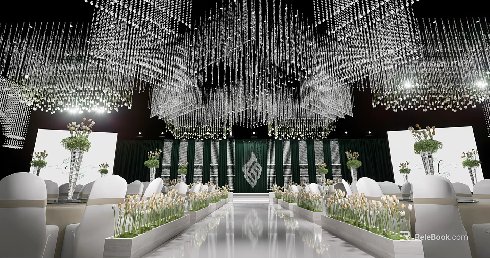 Elegant Banquet Hall Interior With Crystal Chandeliers Green Backdrop White Chairs And Flower Arrangements 3d model 
