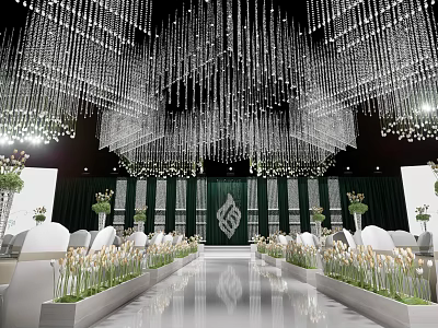 Elegant Banquet Hall Interior With Crystal Chandeliers Green Backdrop White Chairs And Flower Arrangements 3d model